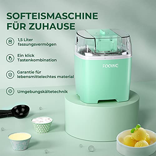 Foto von FOOING Eismaschine Speiseeisbereiter 1,5L mit Drehknopf (5 bis 30 Minuten), Edelstahl-Heim-Speiseeismaschine, Geeignet für Sorbet, Gefrorenen Joghurt und Eis, Einschließlich Rezept und Pappbecher