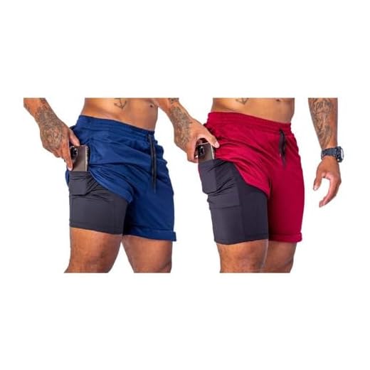 Kit 2 Shorts Duplo Masculino 2 em 1 Bermuda Dry Fit Treino Calção com Bolso Celular Academia Fitness Musculação MAXFIT (BR, Alfa, M, Regular, Regular, Azul-escuro/Bordô)