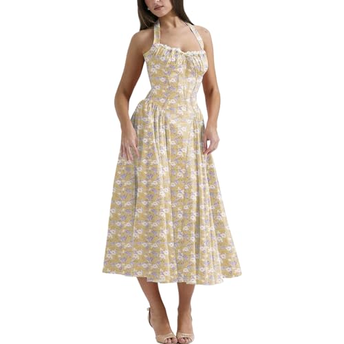 Image of Women Floral Corset Dress Halter Neck Low Cut Bustier Lace Midi Dress Flowy Pleated Hem Long Sundress with Pockets