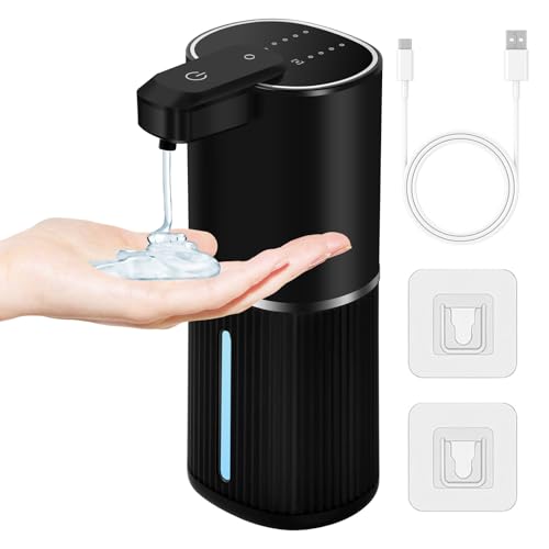 Dispensador de Jabón Automático,380 ml Espuma USB Recargable Dispensador Jabon Impermeable IPX5,4 Niveles Ajustables Dispensador Jabon Pared Sin Contacto para Baño Cocina Hotel (Líquido,Negro)