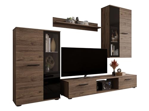 Mirjan24 Wohnwand Salsa, Design Mediawand, Modernes Wohnzimmer Set, Anbauwand, Hängeschrank, Vitrine, TV Lowboard, (Nuss Okapi, ohne Beleuchtung)