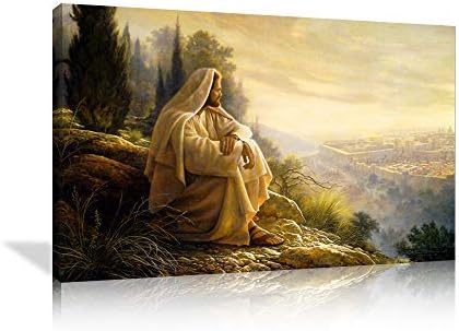KALAWA Gethsemane Jesus Picture Framed Wall Decor for Living Room Christian Faith Jesus Wall Poster Retro Canvas Painting Prints Framed and Stretched Ready to Hang (16''W x 24''H)