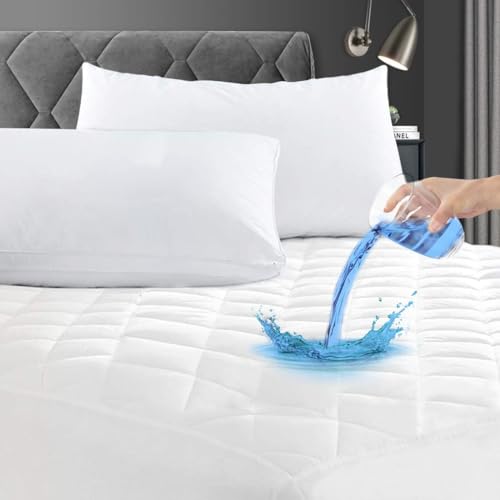Image of Pure Textile 100% Waterproof Mattress Protector, Ultimate Protection, Noiseless & Anti Allergenic Quilted Mattress Protector Double Bed, 30cm Extra Deep Skirt, Easy Fit & Machine Washable (137x190 cm)