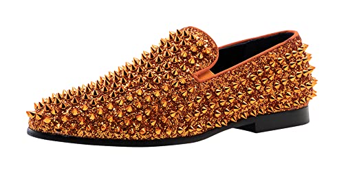 Jump New York Men's Luxor-3 Spiked Slip-On Loafer | All-Over Metallic Spikes | Ornaments And Glitter | Formal Smoking Slipper|Orange Size 6 #TOP5
