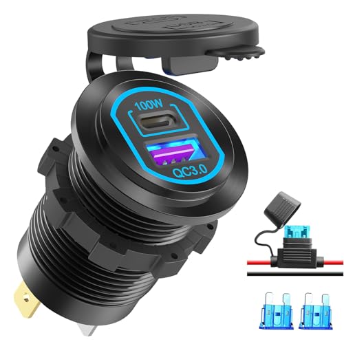 Presa USB C 12Volt Porta USB PD 100W per laptop e presa caricatore auto QC3.0 18W Lega di alluminio, carica rapida Montaggio incassato Sostituzione accendisigari Accessorio fai da te per camper barche