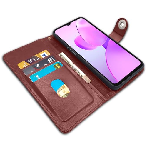 Image of Pikkme Realme C31 Flip Cover Leather Finish | Inside TPU with Card Pockets | Wallet Stand and Shock Proof | Complete Protection Button Flip Case (Brown)