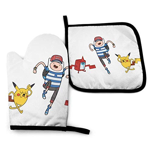 Finn Jake BMO Kitchen - Guantes para hornos resistentes al calor y juegos de soportes para ollas, guantes para hornos para cocinar en barbacoa, hornear, lavables, a la parrilla, poliéster impermeable