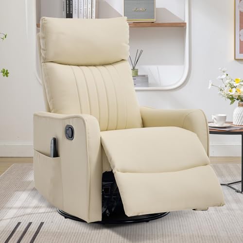 Trustyue Swivel Rocker Recliner Chair, 360° Swivel Recliner with Heat and Massage, Rocker Recliner Nursery Glider Chair with Side Pockets for Living Room (Light Yellow, Faux Leather)