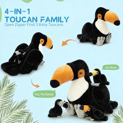 MorisMos 24" Giant Toucan Stuffed Animal Mommy with 3 Baby Toucan Toys for Kid Girl Boy, Realistic Black Bird Plush with Baby Bird Toys Gift for Birthday, Tropical Rainforest Stuffed Animals Decor — view 3