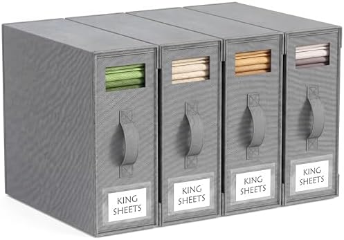 GeeBom 4 Pack Sheet Organizers and Storage, Bed Sheet Organizer Boxes for Linen Closet, Foldable Sheet Storage Organizer, Space-Saving Bedding Storage Containers for Queen & King Size, Gray