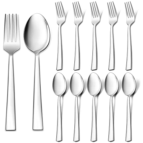Tafelgabeln und Esslöffel Set, Joyfair 12 Stück Edelstahl Besteck Set, Modernes 19.5cm Groß Gabeln und Löffel für Zuhause/Restaurant/Party, Hochglanzpoliert & Glatte Kanten, Spülmaschinenfest