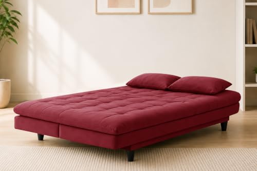 Image of Los Angeles Modern Convertible Futon Sofa Bed, Tufted Upholstered Folding Couch with Adjustable Backrest, Space Saving Sleeper Sofa for Living Room, Apartment, Office, Dorm & Guest Room - Red