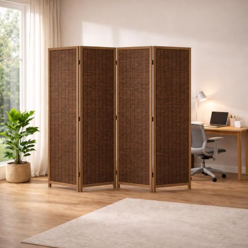 Image of Emirates Living 4 Panel Bamboo Room Divider –Freestanding Privacy Screen, Natural Panel Partition for Bedroom, Living Room & Home Office, Brown, 200cm H x 180cm