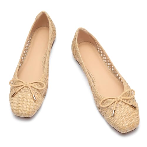 Tasteall Woven Flats for Women Raffia Ballet Flats with Bow Apricot 8 | Comfortable Mesh Square Toe Ballerina Flats, Slip On Dressy Shoes Casual for Work, Travel, Daily