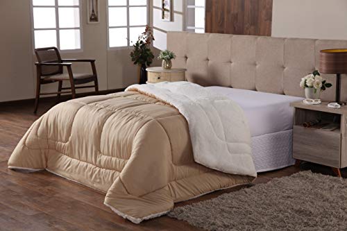 Coberdrom Edredom Sherpa Casal Queen Pele de Carneiro Cáqui