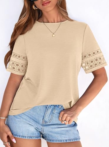 PRETTYGARDEN Summer Tops for Women 2026 Lace Short Sleeve T-Shirts Casual Blouses Spring Fashion Clothes Vacation Outfits (Beige,Small) — view 6