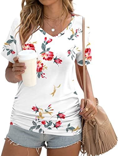 Anydoll Womens Summer Casual Tunic Tops Short Sleeve V Neck T-Shirt Beach Blouse Floral White Large