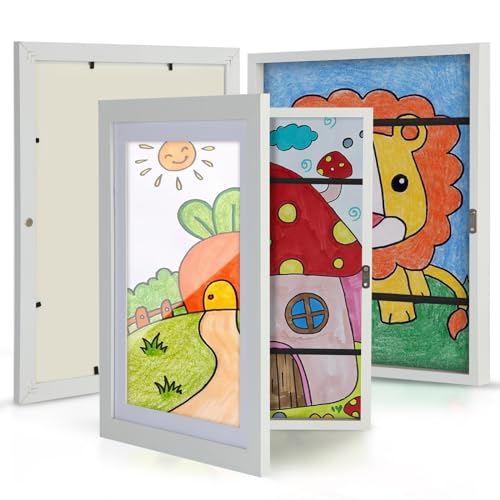 PChero Kids Artwork Display Frame, 2 Pack A4 Fillable Front Opening Kids Art Frames Childrens Artwork Display Certificate Photo Frame with Mount for Kid’s Drawings Art Projects Pictures – White
