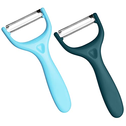 Vicloon Pelapatate, 2 Pezzi Pela Verdure Manico Antiscivolo, Pelapatate e Verdure a Y Lame Affilate in Acciaio Inossidabile, Sbucciatore Universale per Patate Carote e Verdure Varie e Frutta