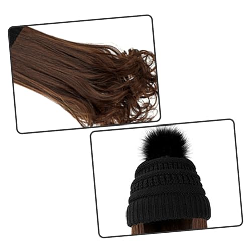 Bonnet à pompon et postiche synthétique brun clair pour masquer le froid - 7
