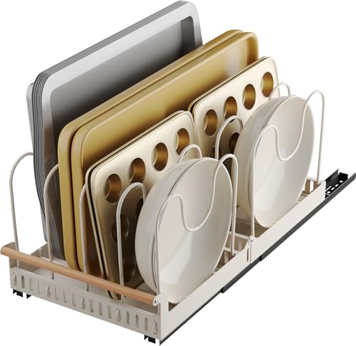 NETEL Organizador Sartenes Extraible para Armario Cocina,Bandeja para hornear Estante organizador，Soporte de Ollas para Cajones,Almacenaje de Ollas y Sartenes con 10 Separadores Ajustables,Blanco