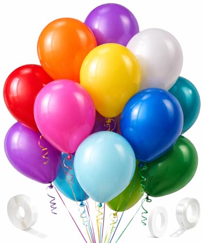 100 Pack Balloon Arch Kit – 12 Inch Assorted Rainbow Latex Balloons with Arch Strip, Glue Dots & Ribbon – Balloon Garland Decoration Set for Birthday, Baby Shower, Graduation & Party Decor