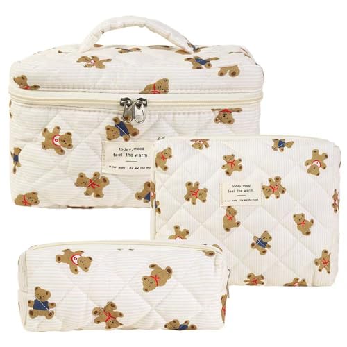 Waltonalice Juego de 3 bolsas de cosméticos de viaje para mujer, bolsa de maquillaje estética, flores grandes, bolsa de aseo linda, bolsa de maquillaje de algodón, bolsa de lavado portátil, esenciales
