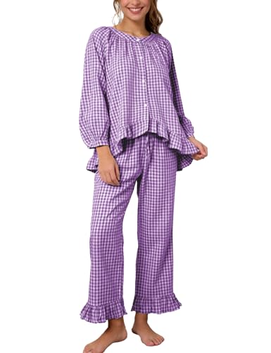 Flygo Womens Plaid Pajamas Sets 2 Piece Cotton Pj Set