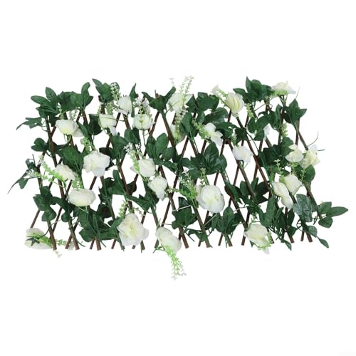 URPIZY Valla artificial, pared de patio, rejilla de madera extensible con flores de seda, protección visual para jardín, balcón, terraza, decoración, altura ajustable, valla exterior (blanco)