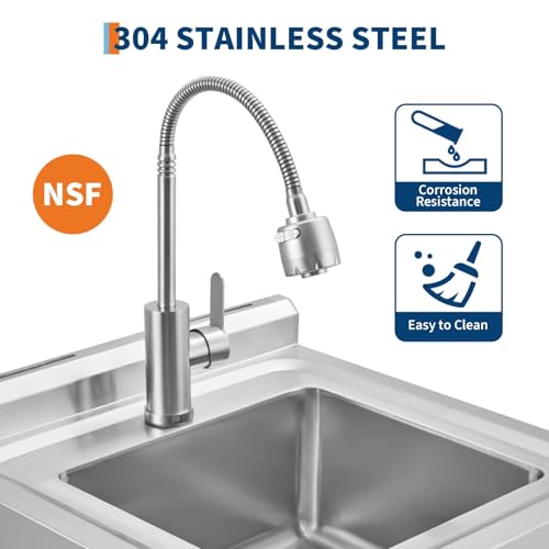 Image of Garvee Stainless Steel Utility Sink with Faucet & Storage Shelf, 304 Single Bowl Freestanding Sink with Adjustable Legs, S-Hooks, Hot & Cold Water Pipes for Kitchen, Laundry, Garage, Farm, Outdoor Use