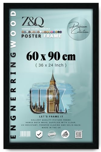 Z&Q | Modern MDF Photo Frame (60 x 90 CM) Classic Wood Texture, Decorative Wall Mount 24" x 36" Home & Gallery Display [ Black ]