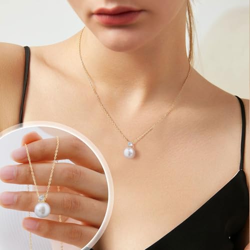 Juvux Necklaces for Women Silver Pearl Pendant Necklace-S925 Sterling Silver Necklace 10mm Pearl Trendy Charm Jewelry for Women Gifts for Anniversary Wedding Birthday (CZ Gold Plated) — view 3