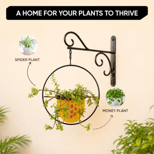 Image of AAKRITI ART CREATIONS Metal Hanging Planter | Handpainted Planter, Modern Art, Yellow Glossy Finish | Outdoor & Indoor Home Decor Items | Room Decoration Artifacts, Flower Pots for Living Room