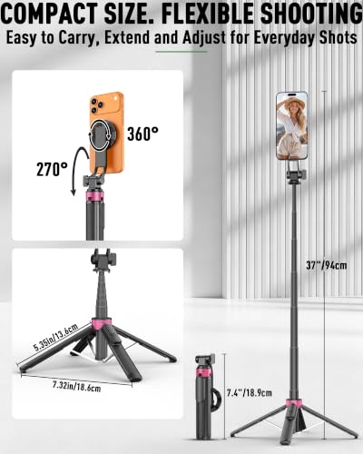 ACKIMA 37''Magnetic Phone Tripod, Portable Selfie Stick Tripod & 4-Leg Base | 360° Rotation, 3-in-1 Magsafe Tripod with Wireless Remote for iPhone1817 Pro Hands-Free Video Recording, Gym Workout,Travel