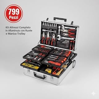 VALIGETTA Professionale Kit Attrezzi 799 Pezzi, Trolley in Alluminio con Ruote, Set Completo Utensili per Meccanico e Fai da Te, Include Bussole, Cricchetti e Chiavi