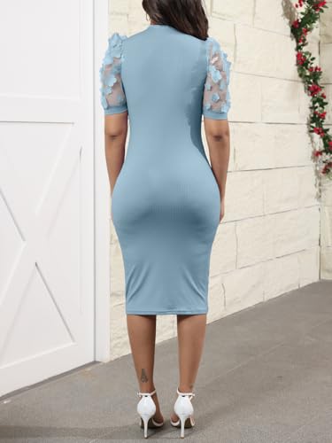 Image of Fastkoala Women's Elegant Ribbed Bodycon Dress Lace Short Sleeve Slim Fit Midi Dress Turtle Neck Night Club Party Dresses