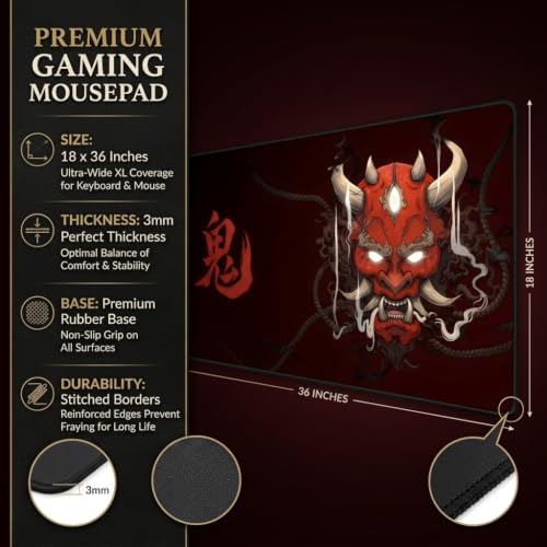 Image of Extended Desk Mat 458 x 915 mm | Premium Abstract Purple Desk Mat with Stitched Edges | 3mm Thick Non-Slip Desk Pad for Gaming, Office & Workstation (Oni - Red)