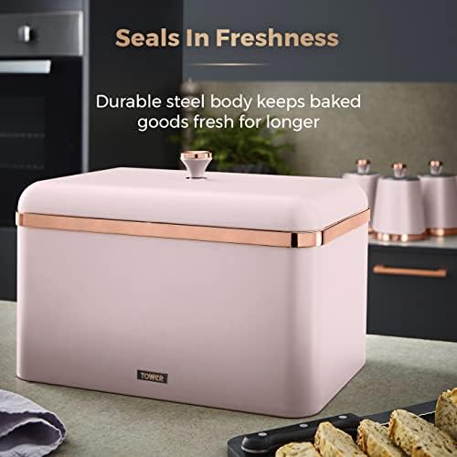 Tower T826130PNK Cavaletto Bread Bin Storage, Carbon Steel, Removable Lid, Marshmallow Pink and Rose Gold