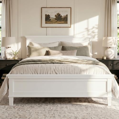 Guxeei Queen Size Platform Bed Mid-Century Wooden Bed Frame with Headboard and Tapered Legs for Bedroom Wood Slat Support No Box Spring Needed Easy Assembly (White)