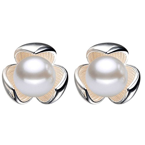 Ogquaton Pendientes de tuerca chapados en plata para niñas, mujeres, niñas, flores, contienen perlas para regalo, 1 par práctico y práctico Cover