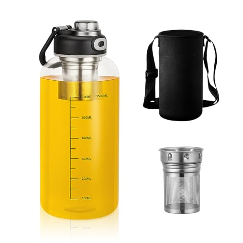 Bouteille Verre 1.5L, Carafe Eau Verre en Borosilicate Épais et Résistant, avec Infuseur à Thé, Idéale comme Bouteille Infuseur à Thé pour le Thé Glacé ou Chaud, Facile à Nettoyer (Noir, 1.5, Litres)