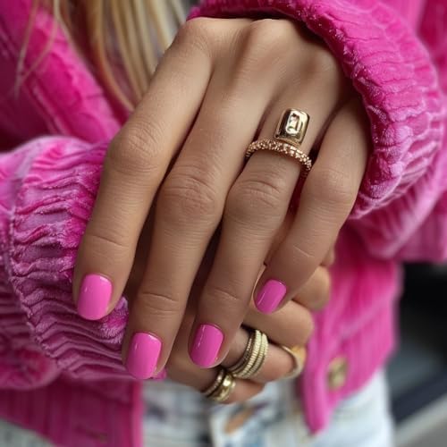 Hot Pink Acrylic Nails 24pcs - Short Square Reusable Fake Nails, 12 Sizes Glossy Manicure for Women, Girls, Fashion Photoshoots