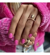 Hot Pink Acrylic Nails 24pcs - Short Square Reusable Fake Nails, 12 Sizes Glossy Manicure for Wom...