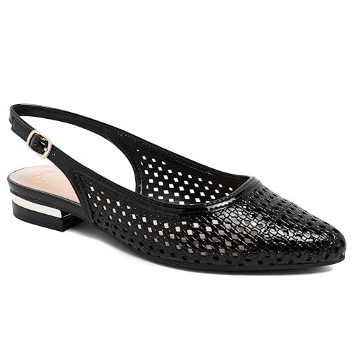 Jones New York Women’s Perforated Slingback Flats – Almond Toe Dress Shoes with Low Gold Block Heel – Breathable Slip-On Office Loafers for Professional & Casual Wear - Quilsy-Black Size 9