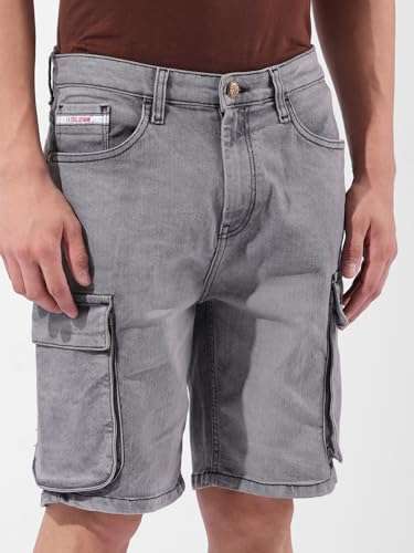 Image of The Indian Garage Co Men Relaxed Fit Solid Mid-Rise Denim Cargo Shorts