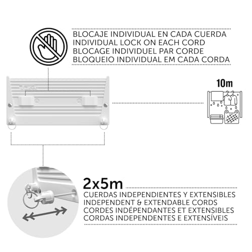 Miniatura 4 de Cuncial Tz-S-2 Tendedero Automático De Pared 2 Cuerdas Hasta 10 M De Tendido Extensible 5 M Por Cuerda Blocaje Individual Interior Y Exterior Compacto Y Resistente Fabricado En España