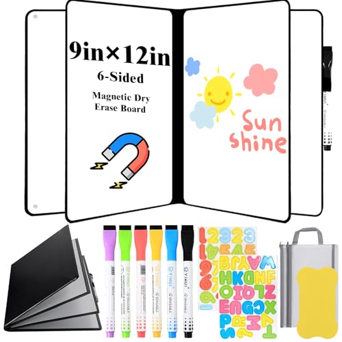 Soleeya 6-Sided Magnetic Dry Erase Notebook, 9 x 12in Portable White Boards Dry Erase, Foldable Whiteboard Reusable Notebook, Dry-Erase Notebooks with 6 Dry-Erase Pens, School, Office, Meetings
