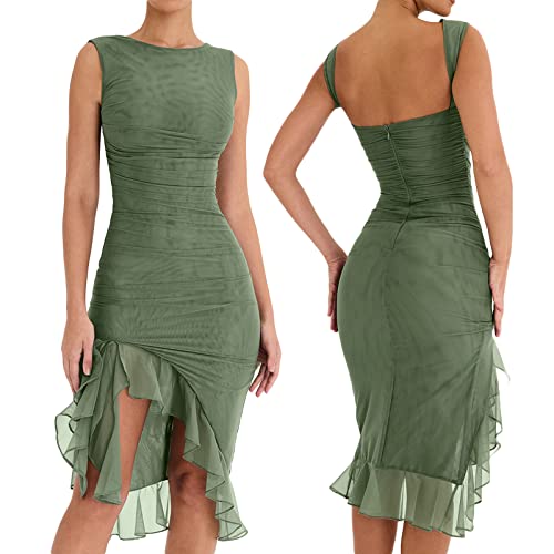 Honganda Women\'s Elegant Bodycon Midi Dress Sleeveless Mesh Frill Hem Mermaid Tail Summer Tank Dress Cocktail Party (as1, Alpha, l, Regular, Regular, Green)