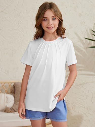 ZDC Girls Short Sleeve T Shirts Kids Summer Pleated Tops Crewneck Basic Tee 5-14 Years2