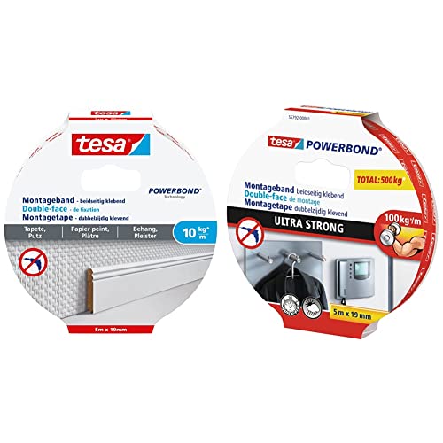 tesa Montageband Tapete&Putz, 10 kg Haltekraft pro Meter - 5 m x 19 mm & Powerbond ULTRA STRONG - Doppelseitiges, extra starkes Montageband zur permanenten Befestigung im Außen- und Innenbereich - 5 m